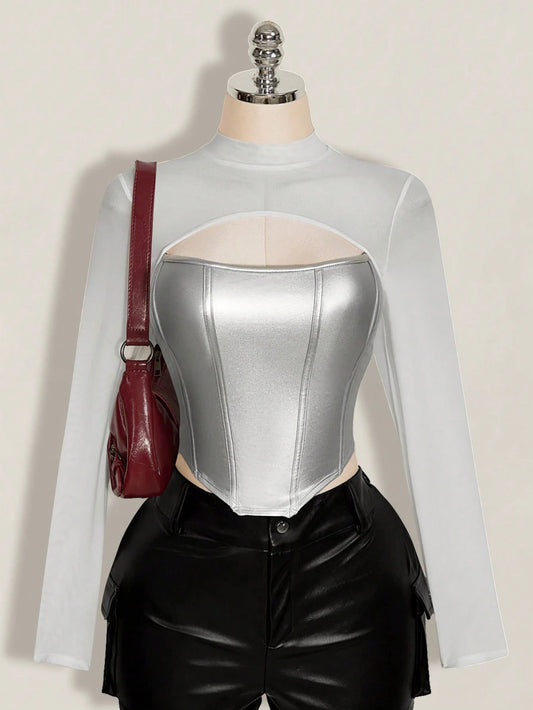 ICON Women's Plus Size Leather Contrast Mesh Black Slim Fit T-Shirt, Autumn/Winter Fall