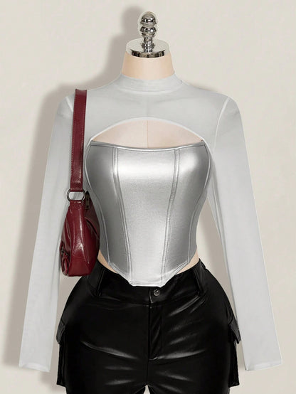 ICON Women's Plus Size Leather Contrast Mesh Black Slim Fit T-Shirt, Autumn/Winter Fall