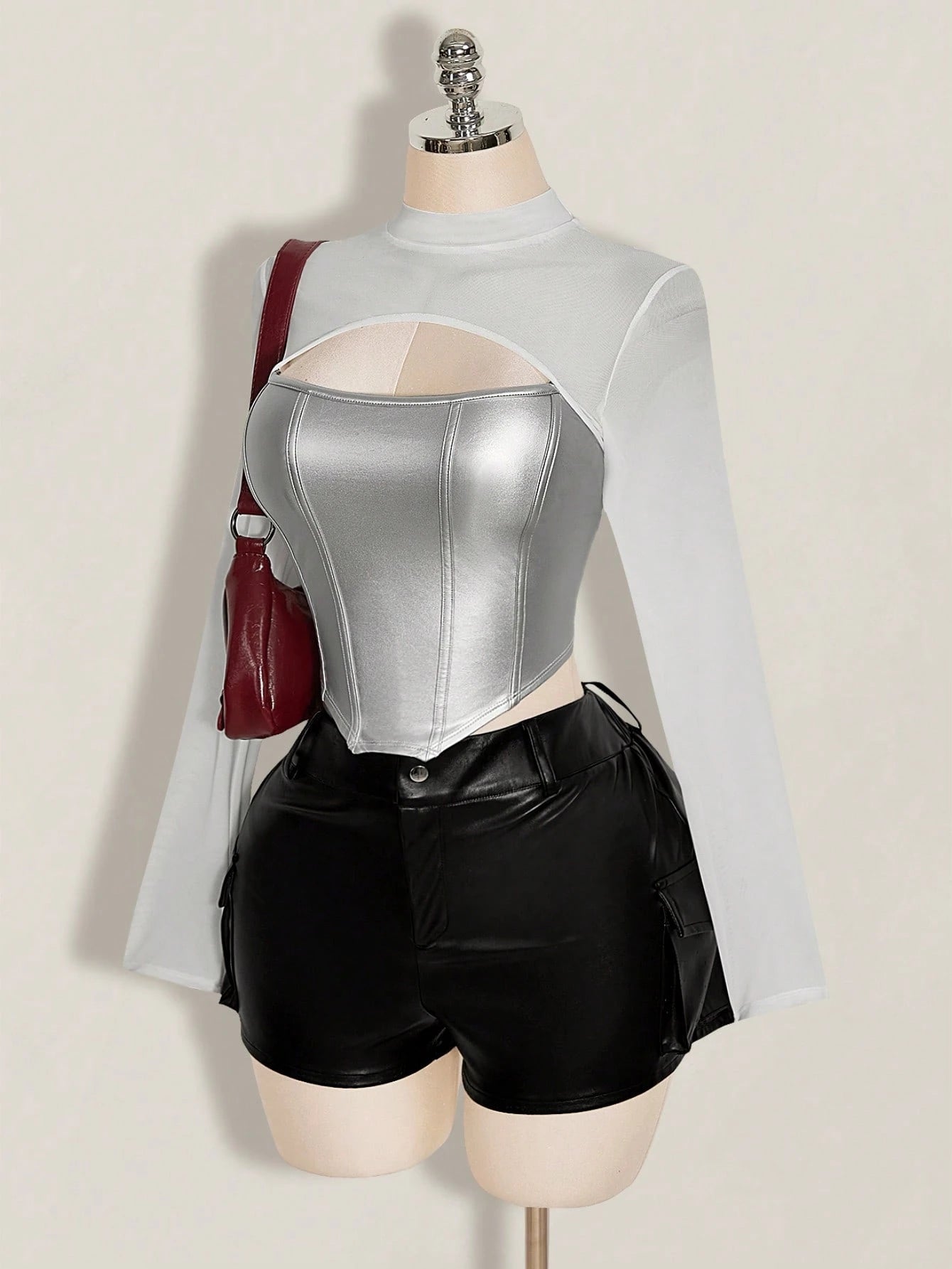 ICON Women's Plus Size Leather Contrast Mesh Black Slim Fit T-Shirt, Autumn/Winter Fall