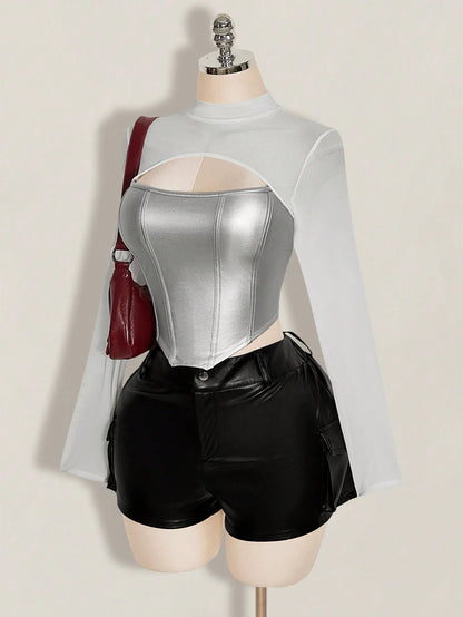 ICON Women's Plus Size Leather Contrast Mesh Black Slim Fit T-Shirt, Autumn/Winter Fall