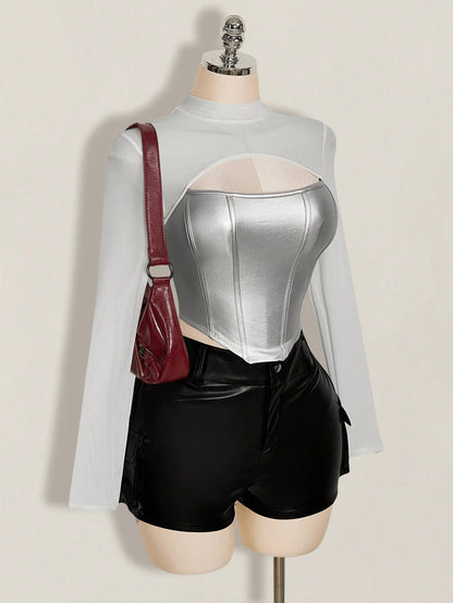 ICON Women's Plus Size Leather Contrast Mesh Black Slim Fit T-Shirt, Autumn/Winter Fall