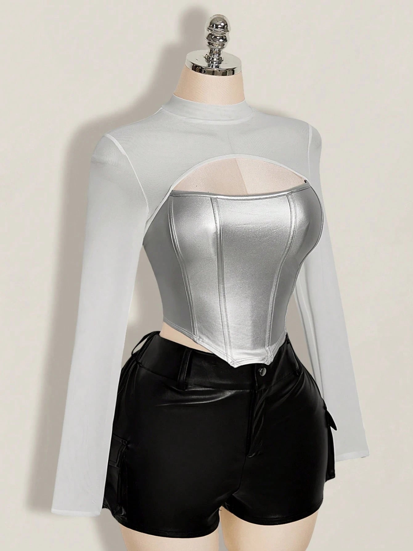 ICON Women's Plus Size Leather Contrast Mesh Black Slim Fit T-Shirt, Autumn/Winter Fall
