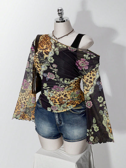 ICON Women's Plus Size New Chinese Style Floral Print Asymmetrical Shoulder Bell Sleeve T-Shirt