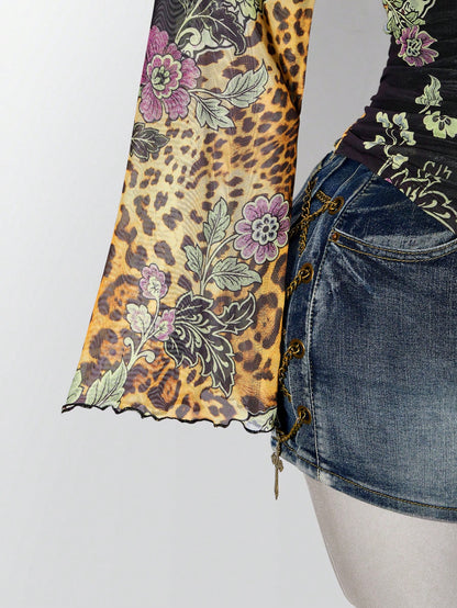 ICON Women's Plus Size New Chinese Style Floral Print Asymmetrical Shoulder Bell Sleeve T-Shirt