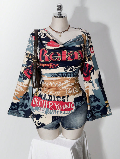 ICON Women's Plus Size Retro Sexy Millennial Style Y2K Casual Street Graffiti Patchwork Pattern Ruffle Neck Flared Sleeves Asymmetrical Hem T-Shirt