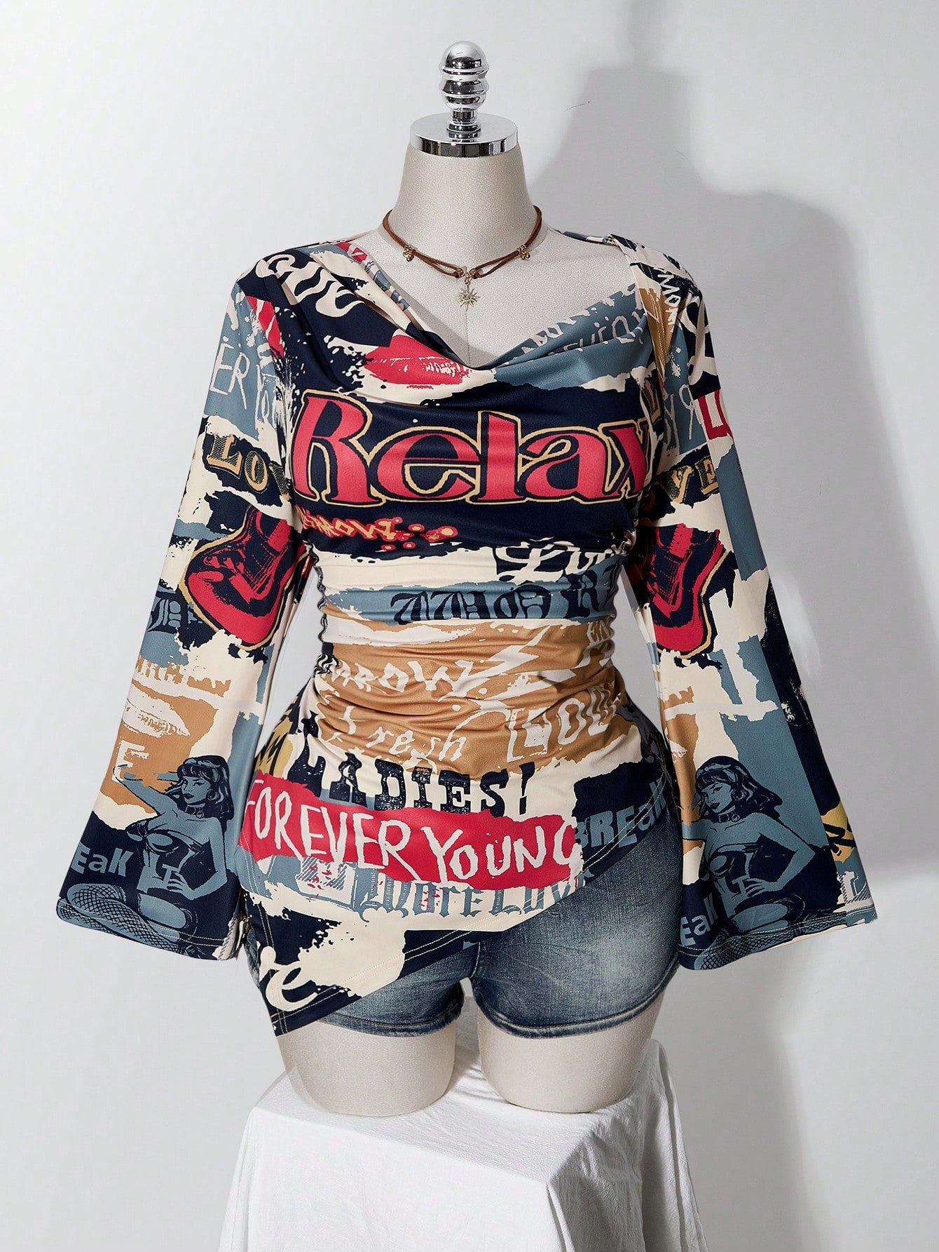 ICON Women's Plus Size Retro Sexy Millennial Style Y2K Casual Street Graffiti Patchwork Pattern Ruffle Neck Flared Sleeves Asymmetrical Hem T-Shirt