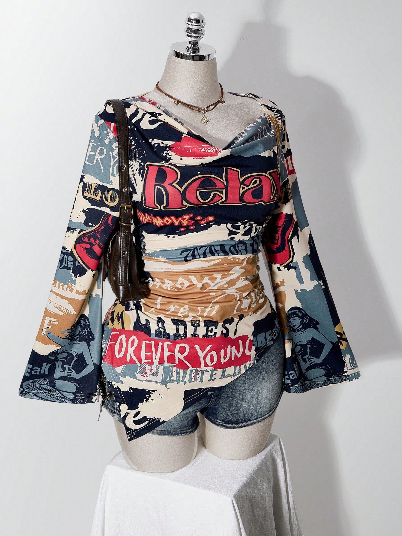 ICON Women's Plus Size Retro Sexy Millennial Style Y2K Casual Street Graffiti Patchwork Pattern Ruffle Neck Flared Sleeves Asymmetrical Hem T-Shirt
