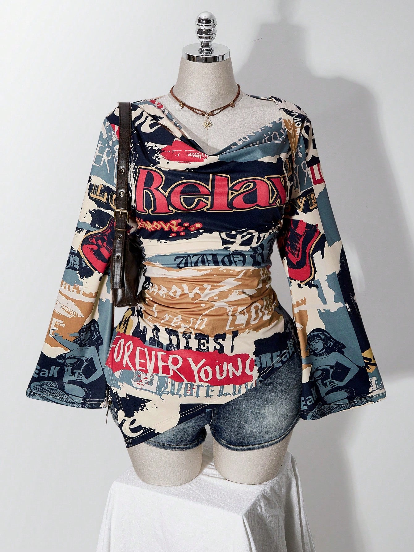 ICON Women's Plus Size Retro Sexy Millennial Style Y2K Casual Street Graffiti Patchwork Pattern Ruffle Neck Flared Sleeves Asymmetrical Hem T-Shirt