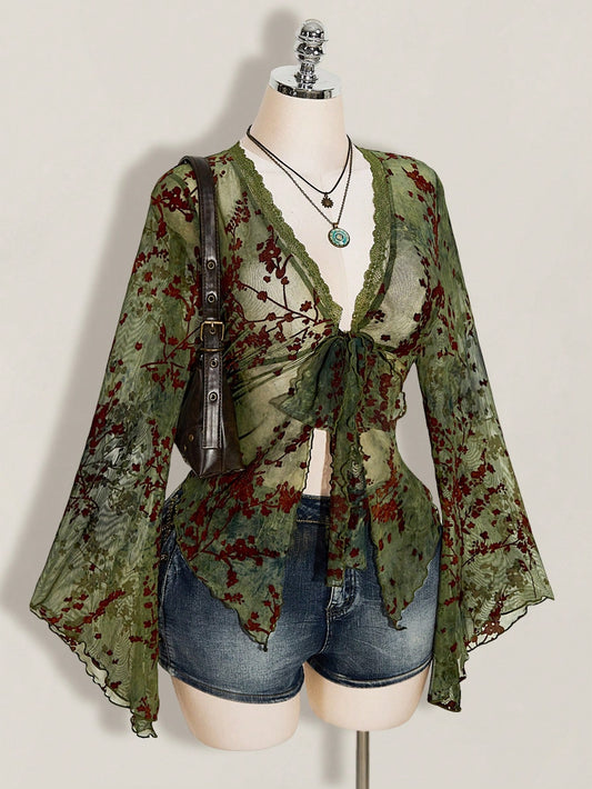 ICON Women's Plus Size Retro Sexy Millennial Style Y2K New Chinese Style Green Mesh Floral Flocked Flared Sleeve Lace Patchwork Front Bow Tie Top Boho