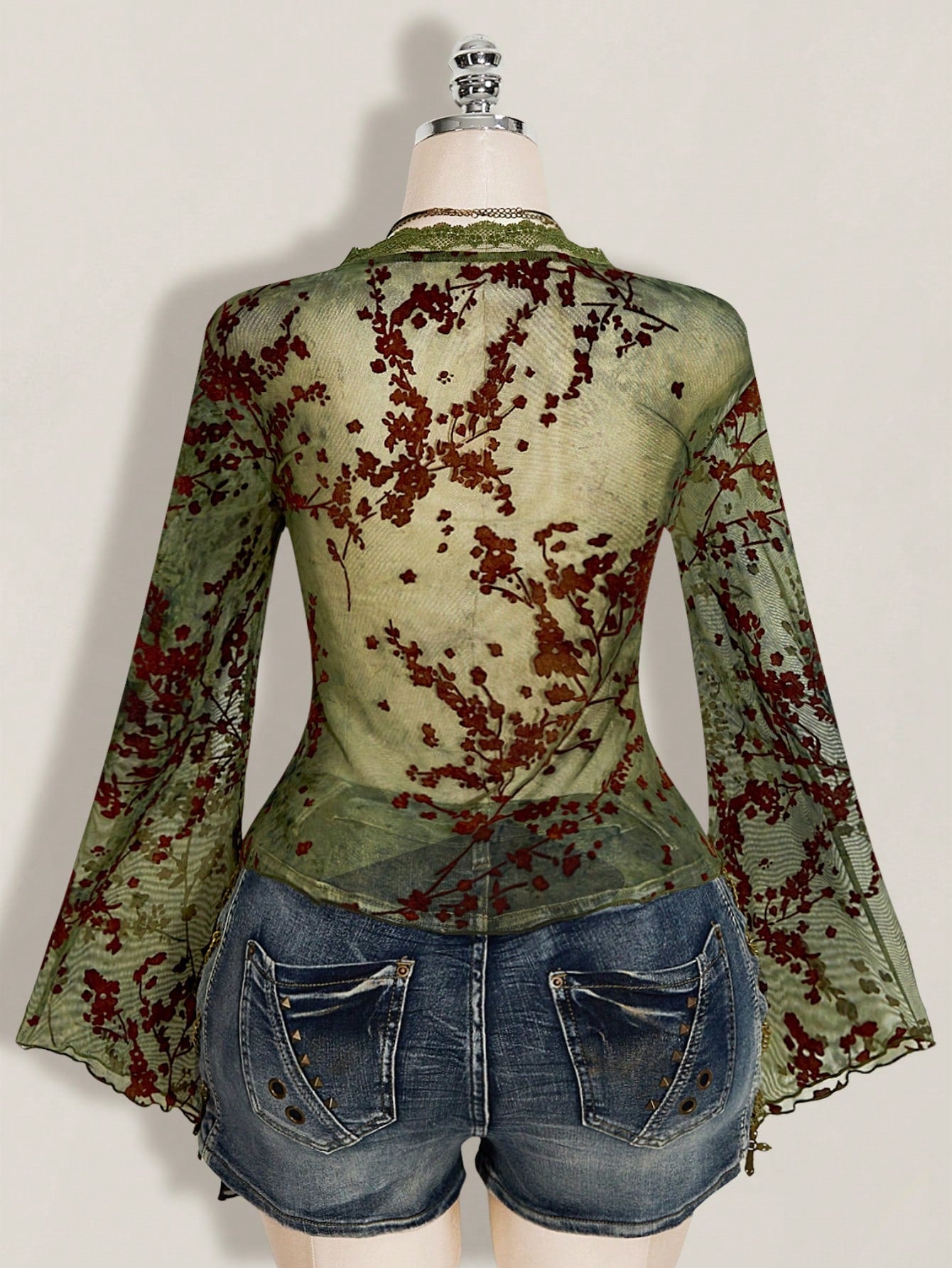 ICON Women's Plus Size Retro Sexy Millennial Style Y2K New Chinese Style Green Mesh Floral Flocked Flared Sleeve Lace Patchwork Front Bow Tie Top Boho