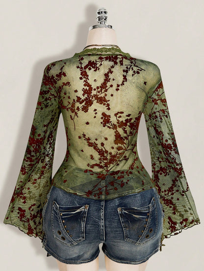 ICON Women's Plus Size Retro Sexy Millennial Style Y2K New Chinese Style Green Mesh Floral Flocked Flared Sleeve Lace Patchwork Front Bow Tie Top Boho
