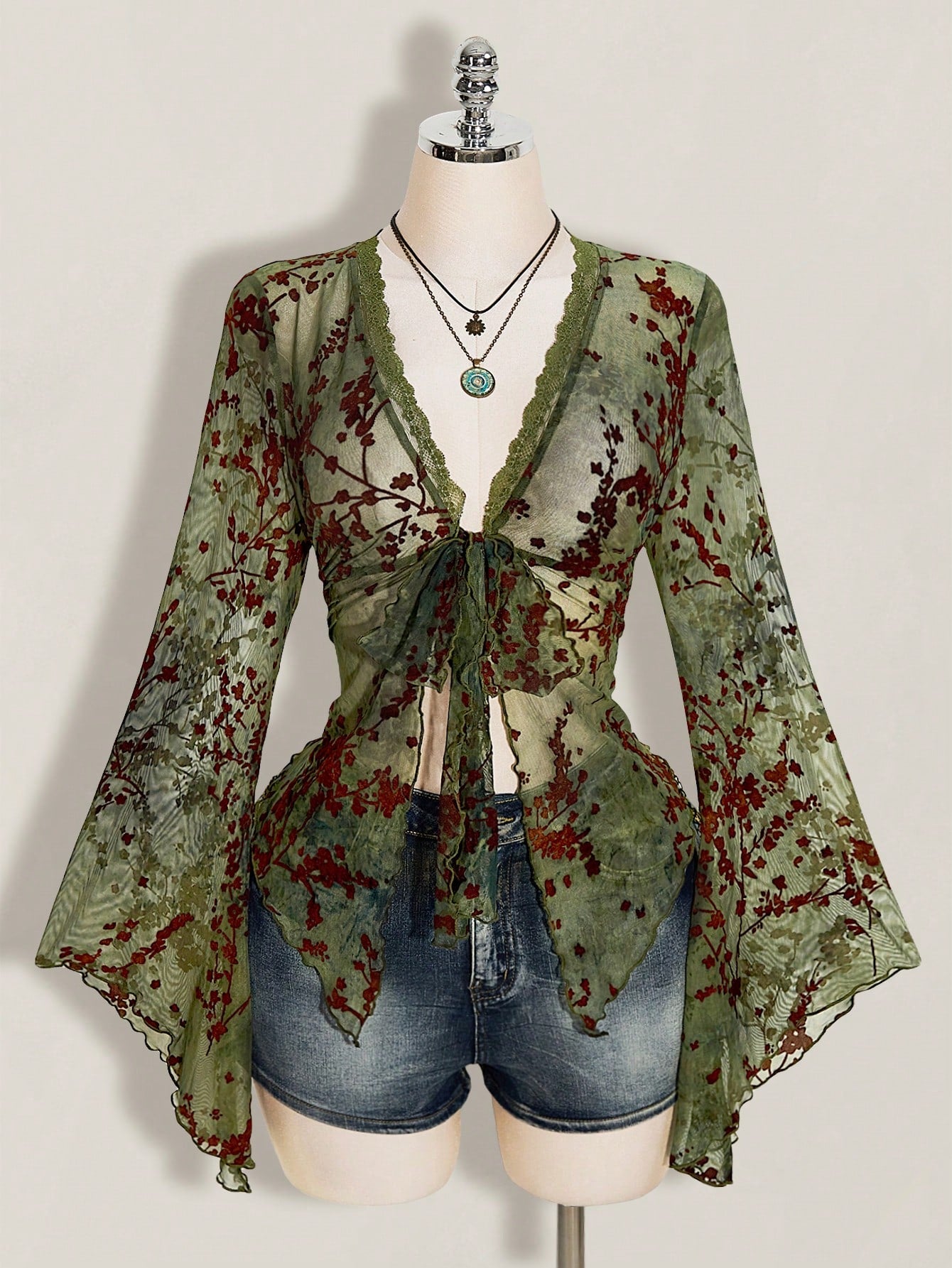 ICON Women's Plus Size Retro Sexy Millennial Style Y2K New Chinese Style Green Mesh Floral Flocked Flared Sleeve Lace Patchwork Front Bow Tie Top Boho