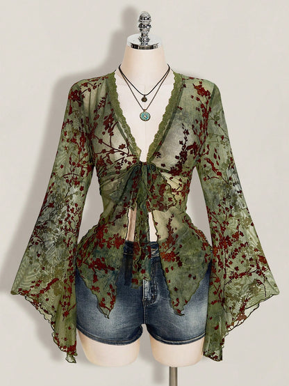 ICON Women's Plus Size Retro Sexy Millennial Style Y2K New Chinese Style Green Mesh Floral Flocked Flared Sleeve Lace Patchwork Front Bow Tie Top Boho