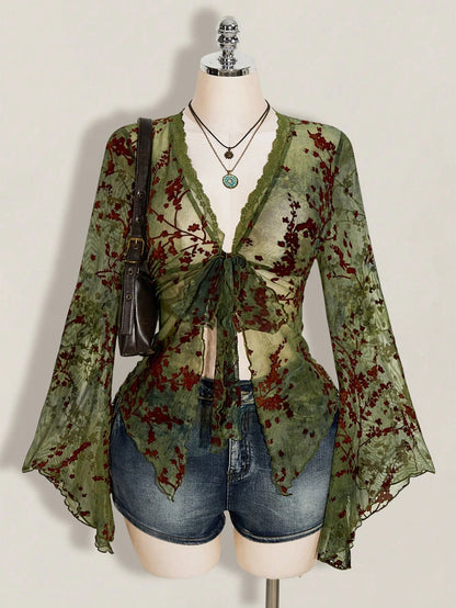 ICON Women's Plus Size Retro Sexy Millennial Style Y2K New Chinese Style Green Mesh Floral Flocked Flared Sleeve Lace Patchwork Front Bow Tie Top Boho