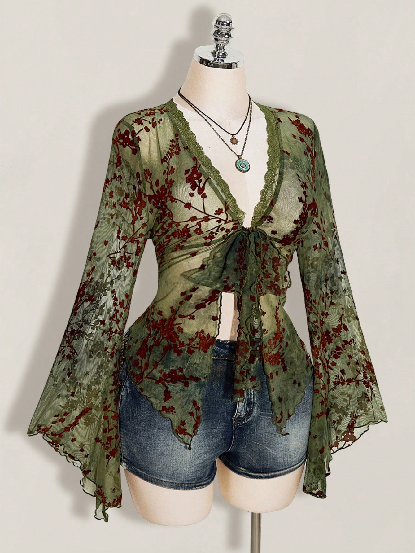 ICON Women's Plus Size Retro Sexy Millennial Style Y2K New Chinese Style Green Mesh Floral Flocked Flared Sleeve Lace Patchwork Front Bow Tie Top Boho