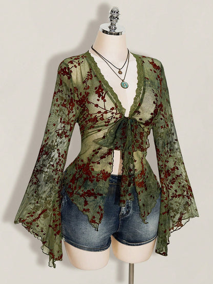 ICON Women's Plus Size Retro Sexy Millennial Style Y2K New Chinese Style Green Mesh Floral Flocked Flared Sleeve Lace Patchwork Front Bow Tie Top Boho