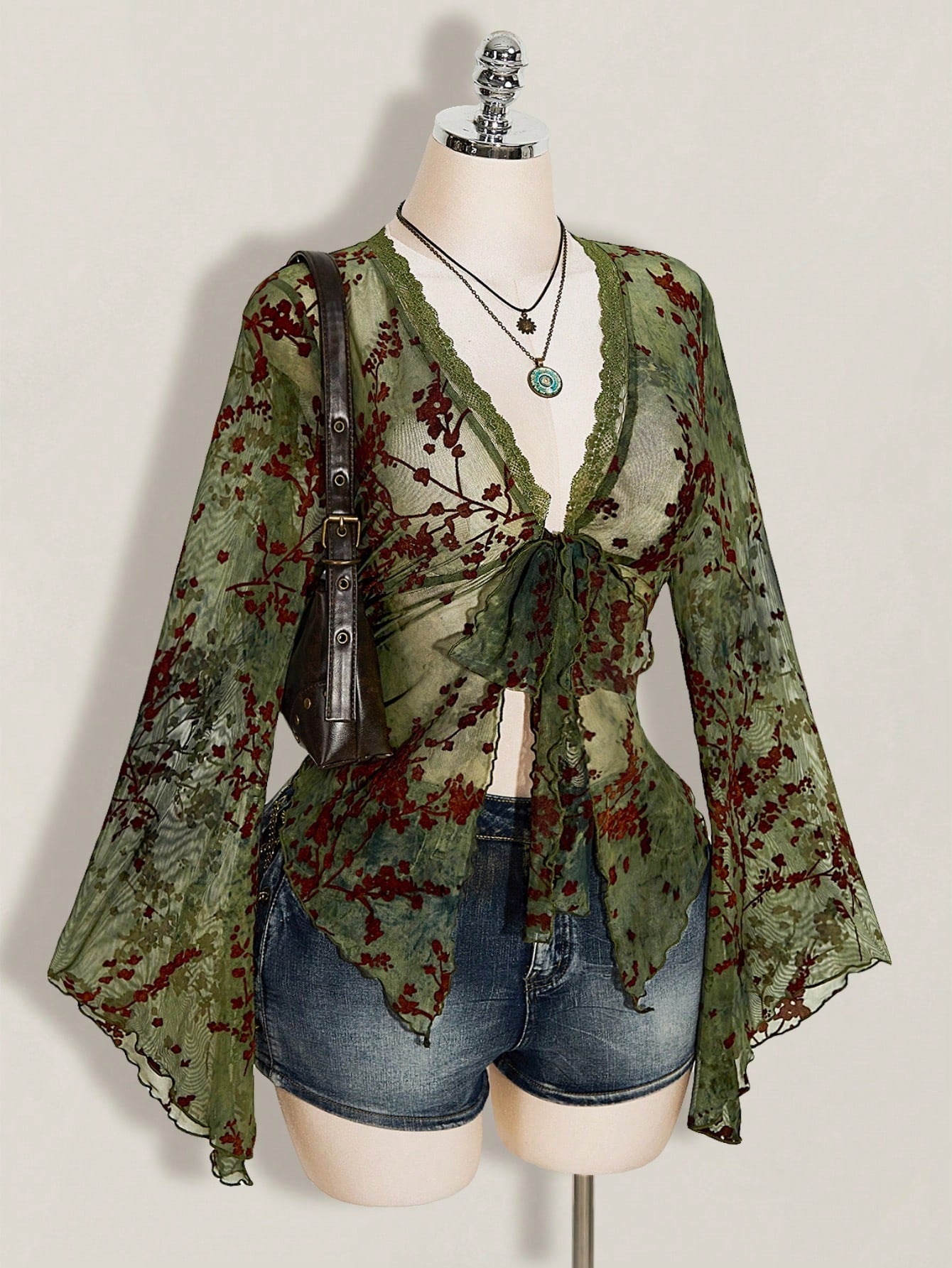 ICON Women's Plus Size Retro Sexy Millennial Style Y2K New Chinese Style Green Mesh Floral Flocked Flared Sleeve Lace Patchwork Front Bow Tie Top Boho