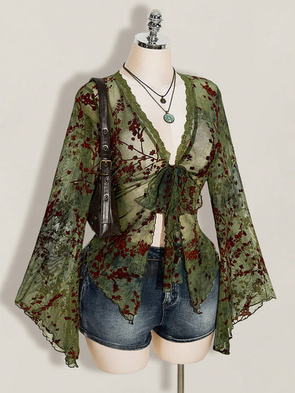 ICON Women's Plus Size Retro Sexy Millennial Style Y2K New Chinese Style Green Mesh Floral Flocked Flared Sleeve Lace Patchwork Front Bow Tie Top Boho