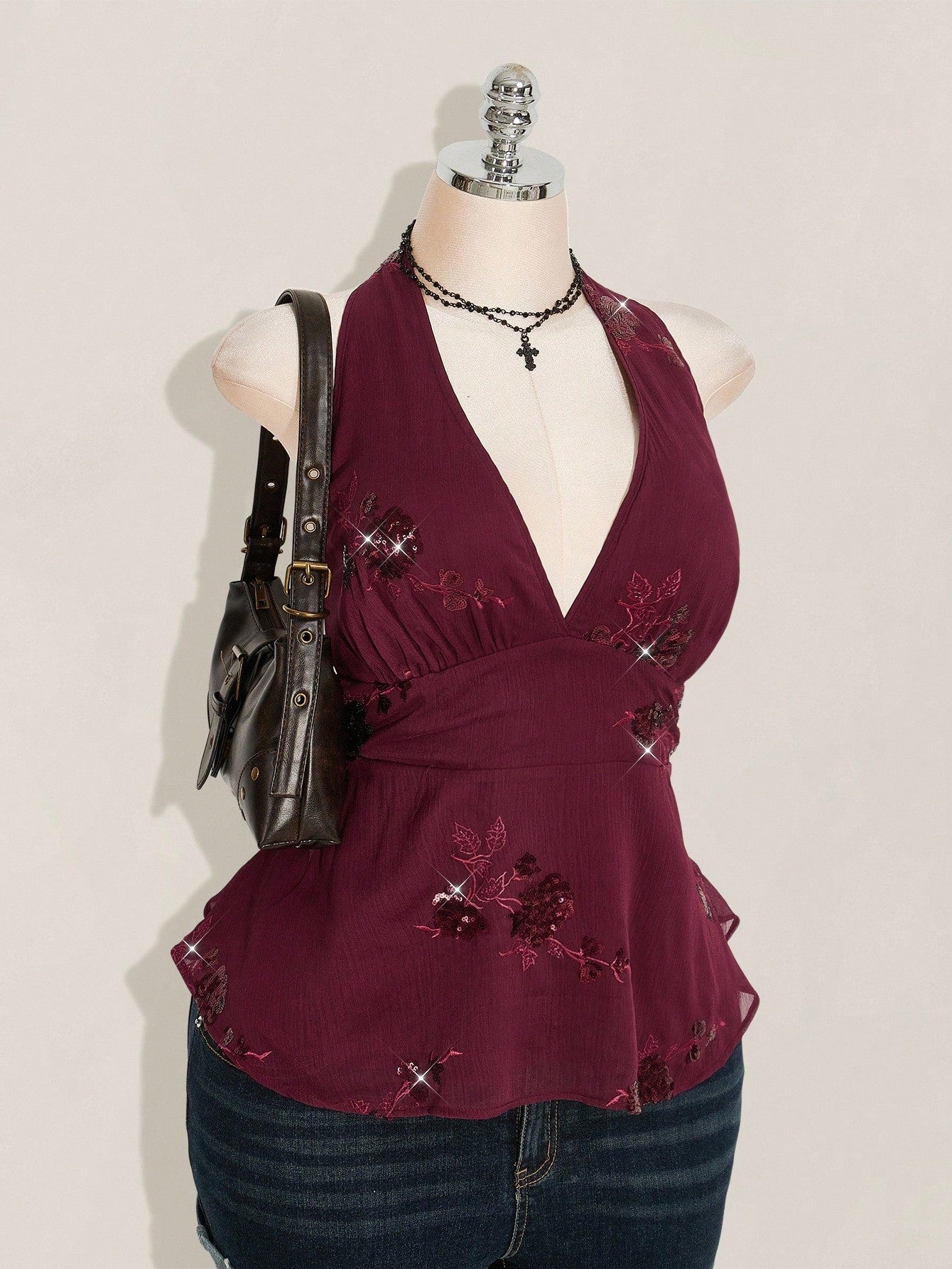 ICON Women's Plus Size Sexy Avant-Garde Fashion Party Dance Dress Burgundy Chiffon Sequins Beads Embroidered
Fabric Halter Neck Loose Hem Slim Fit Camisole
