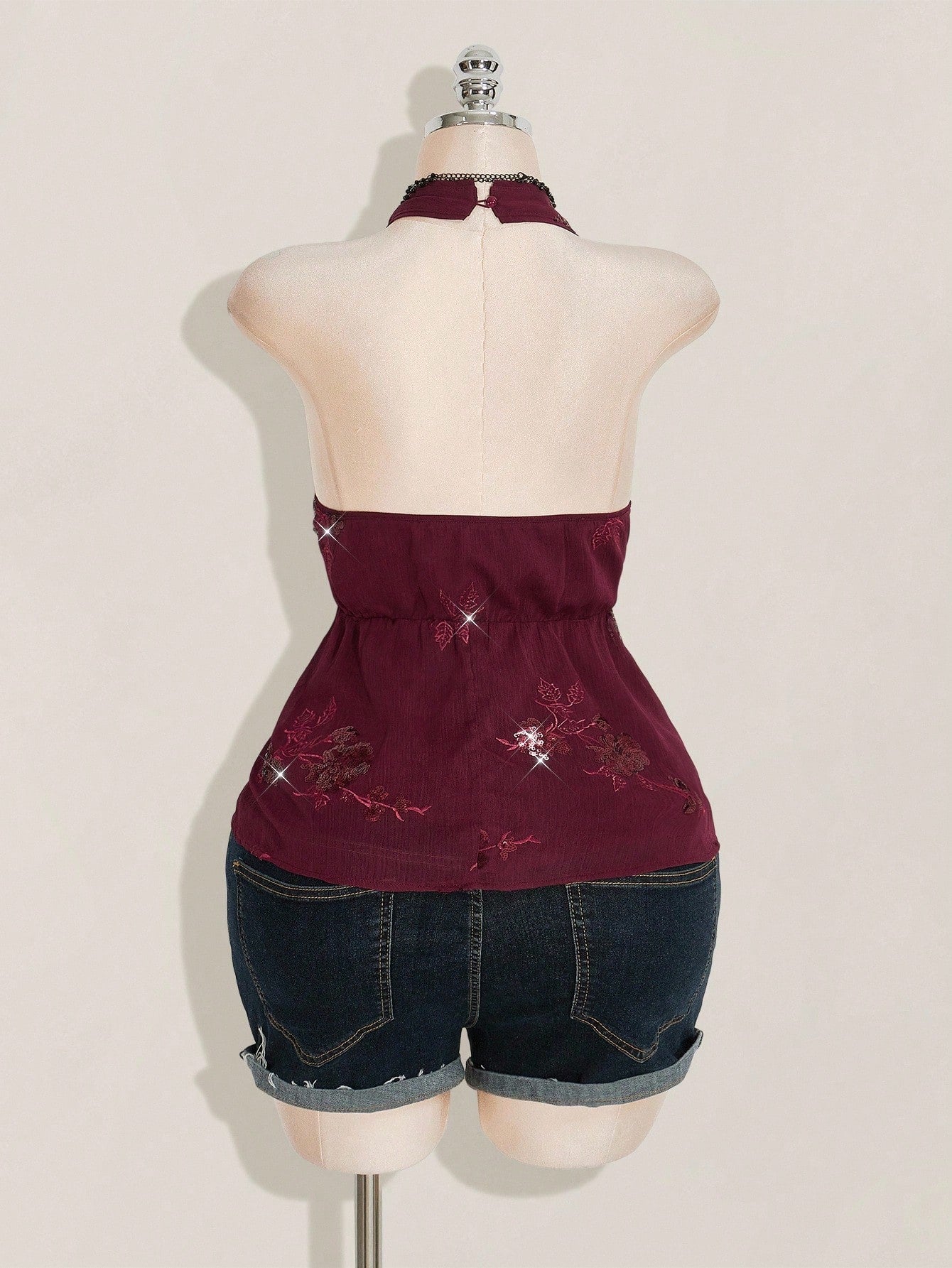 ICON Women's Plus Size Sexy Avant-Garde Fashion Party Dance Dress Burgundy Chiffon Sequins Beads Embroidered
Fabric Halter Neck Loose Hem Slim Fit Camisole