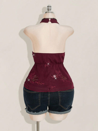 ICON Women's Plus Size Sexy Avant-Garde Fashion Party Dance Dress Burgundy Chiffon Sequins Beads Embroidered
Fabric Halter Neck Loose Hem Slim Fit Camisole