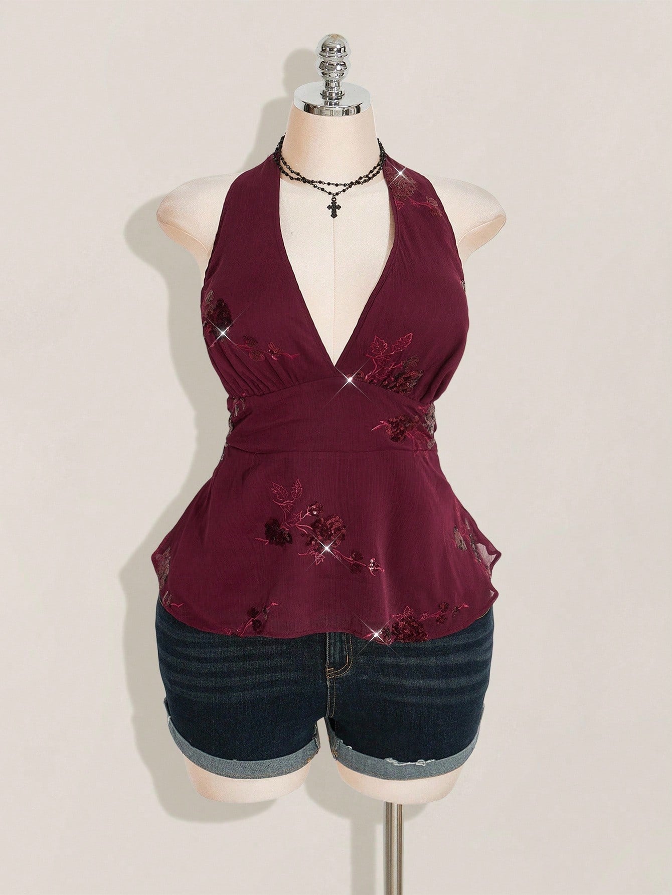 ICON Women's Plus Size Sexy Avant-Garde Fashion Party Dance Dress Burgundy Chiffon Sequins Beads Embroidered
Fabric Halter Neck Loose Hem Slim Fit Camisole