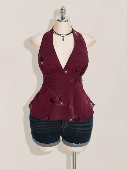 ICON Women's Plus Size Sexy Avant-Garde Fashion Party Dance Dress Burgundy Chiffon Sequins Beads Embroidered
Fabric Halter Neck Loose Hem Slim Fit Camisole