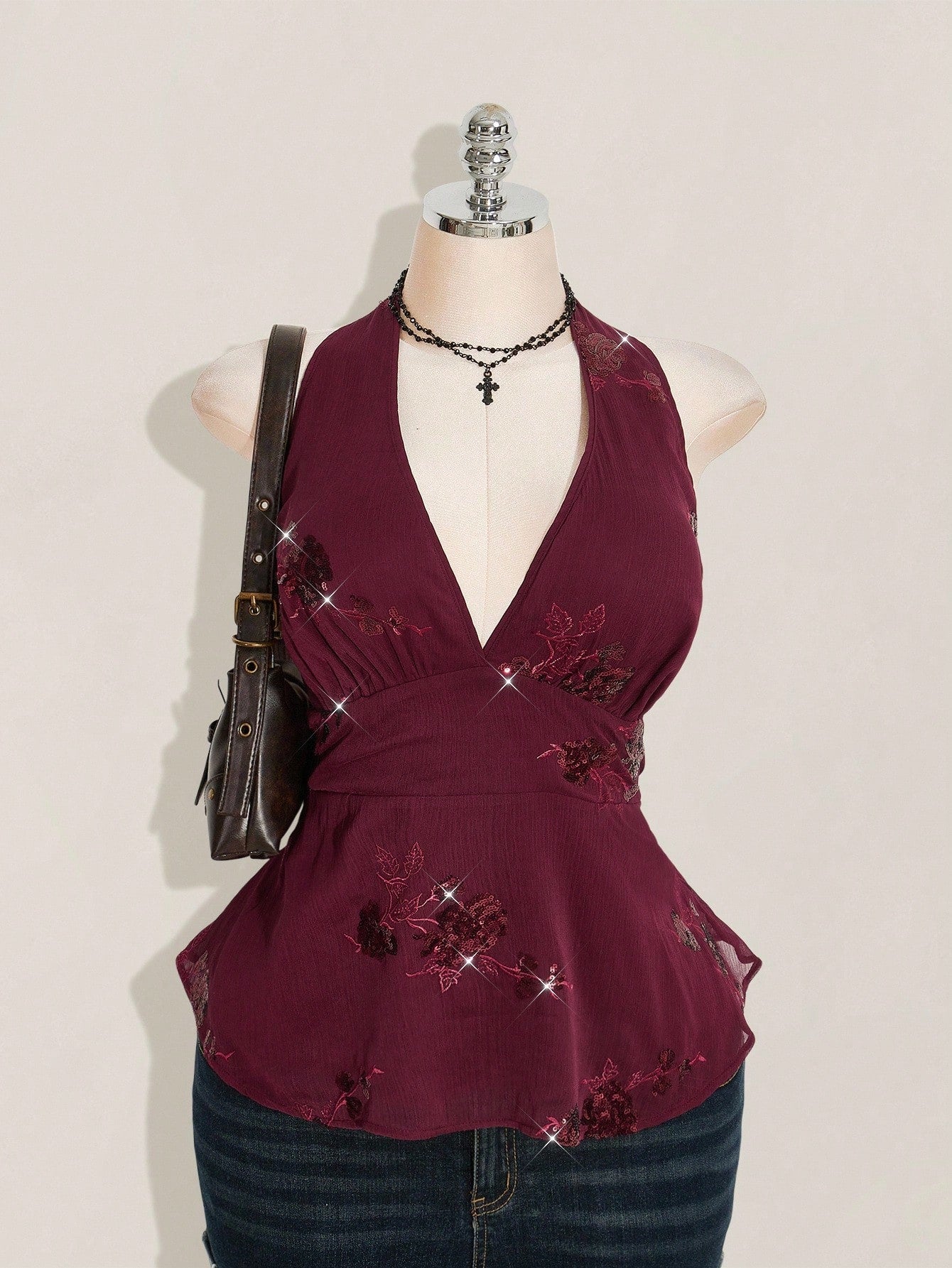 ICON Women's Plus Size Sexy Avant-Garde Fashion Party Dance Dress Burgundy Chiffon Sequins Beads Embroidered
Fabric Halter Neck Loose Hem Slim Fit Camisole