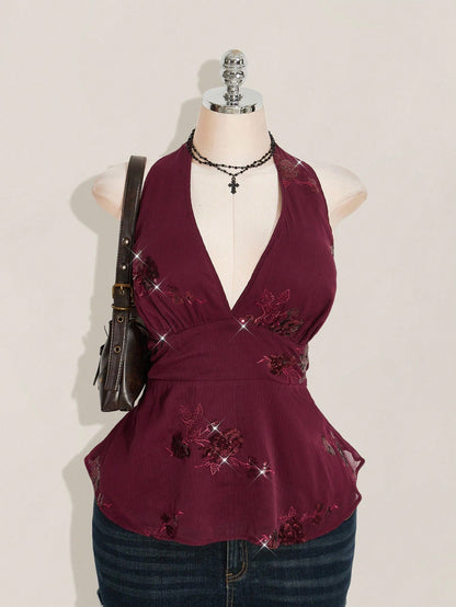 ICON Women's Plus Size Sexy Avant-Garde Fashion Party Dance Dress Burgundy Chiffon Sequins Beads Embroidered
Fabric Halter Neck Loose Hem Slim Fit Camisole