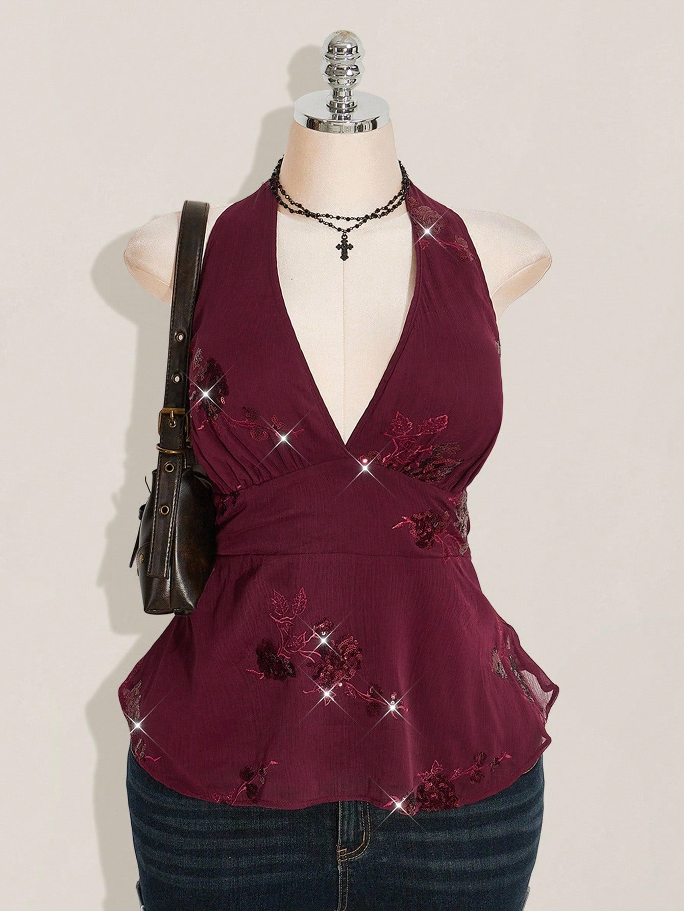 ICON Women's Plus Size Sexy Avant-Garde Fashion Party Dance Dress Burgundy Chiffon Sequins Beads Embroidered
Fabric Halter Neck Loose Hem Slim Fit Camisole