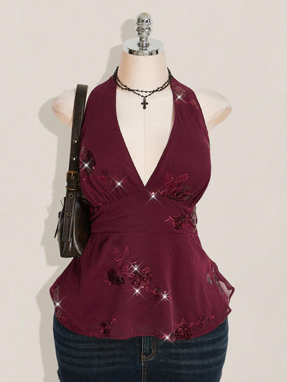 ICON Women's Plus Size Sexy Avant-Garde Fashion Party Dance Dress Burgundy Chiffon Sequins Beads Embroidered
Fabric Halter Neck Loose Hem Slim Fit Camisole
