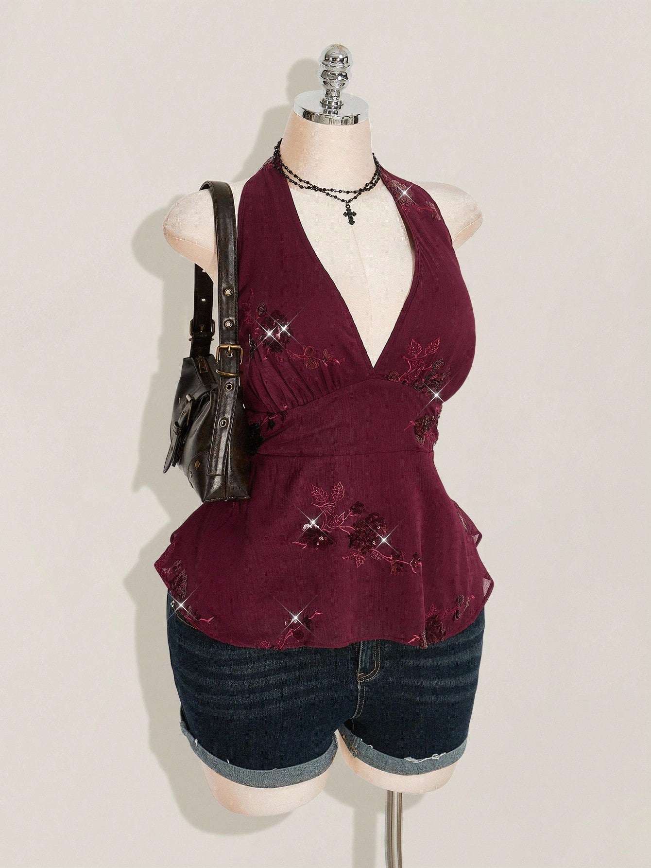 ICON Women's Plus Size Sexy Avant-Garde Fashion Party Dance Dress Burgundy Chiffon Sequins Beads Embroidered
Fabric Halter Neck Loose Hem Slim Fit Camisole