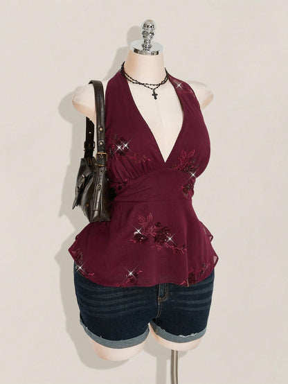 ICON Women's Plus Size Sexy Avant-Garde Fashion Party Dance Dress Burgundy Chiffon Sequins Beads Embroidered
Fabric Halter Neck Loose Hem Slim Fit Camisole