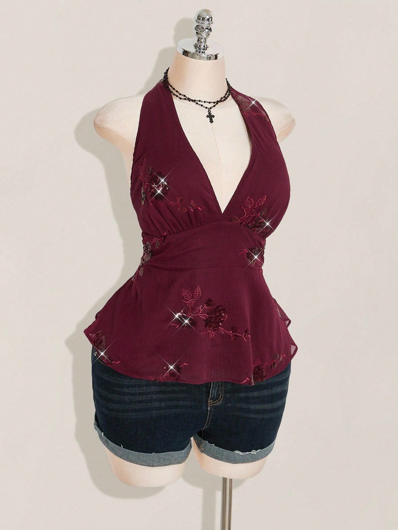 ICON Women's Plus Size Sexy Avant-Garde Fashion Party Dance Dress Burgundy Chiffon Sequins Beads Embroidered
Fabric Halter Neck Loose Hem Slim Fit Camisole