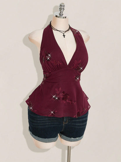 ICON Women's Plus Size Sexy Avant-Garde Fashion Party Dance Dress Burgundy Chiffon Sequins Beads Embroidered
Fabric Halter Neck Loose Hem Slim Fit Camisole