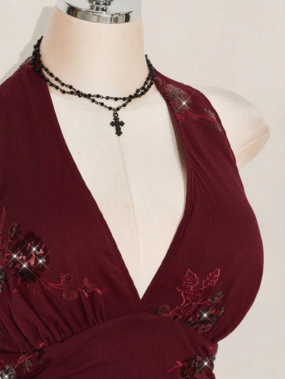 ICON Women's Plus Size Sexy Avant-Garde Fashion Party Dance Dress Burgundy Chiffon Sequins Beads Embroidered
Fabric Halter Neck Loose Hem Slim Fit Camisole