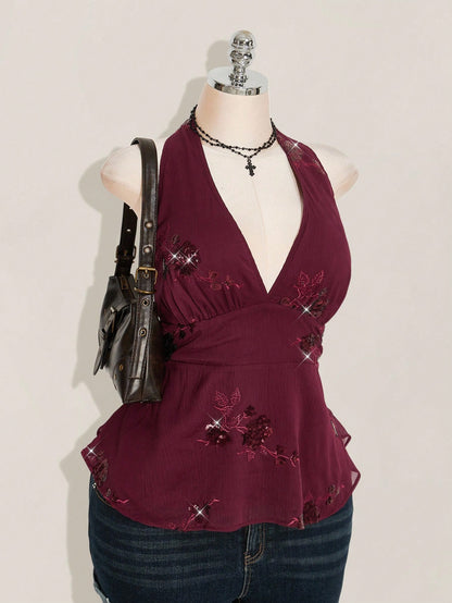ICON Women's Plus Size Sexy Avant-Garde Fashion Party Dance Dress Burgundy Chiffon Sequins Beads Embroidered
Fabric Halter Neck Loose Hem Slim Fit Camisole