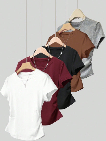INAWLY 5pcs/Set Plus Size Women's Ruched Waist Short Sleeve T-Shirts, Design Summer Casual Everyday Black And White,White,Burgundy,Black,Coffee,Gray