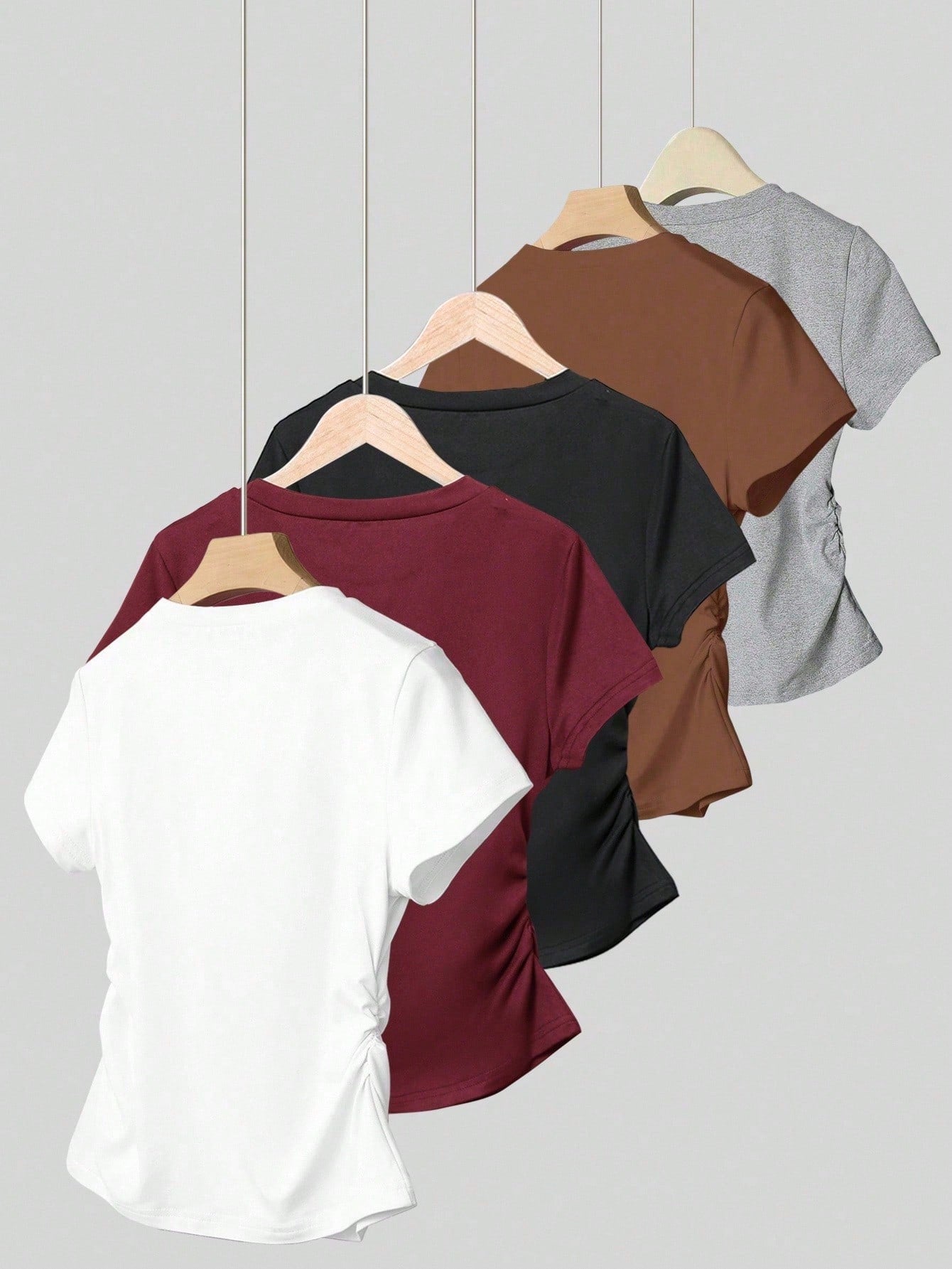 INAWLY 5pcs/Set Plus Size Women's Ruched Waist Short Sleeve T-Shirts, Design Summer Casual Everyday Black And White,White,Burgundy,Black,Coffee,Gray