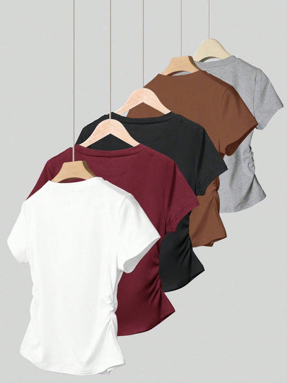 INAWLY 5pcs/Set Plus Size Women's Ruched Waist Short Sleeve T-Shirts, Design Summer Casual Everyday Black And White,White,Burgundy,Black,Coffee,Gray