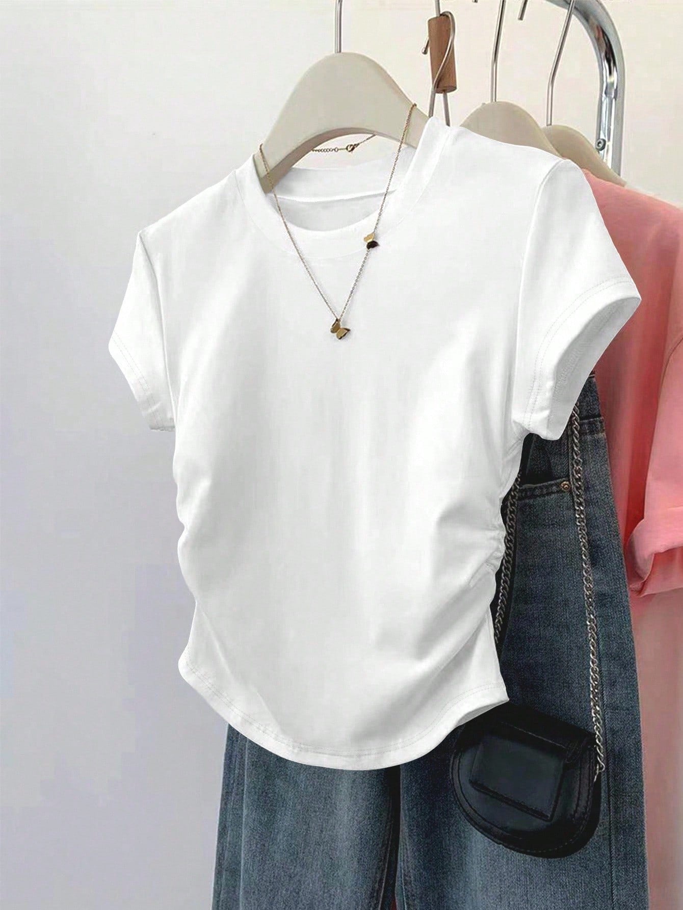 INAWLY 5pcs/Set Plus Size Women's Ruched Waist Short Sleeve T-Shirts, Design Summer Casual Everyday Black And White,White,Burgundy,Black,Coffee,Gray