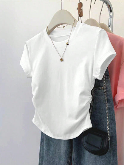 INAWLY 5pcs/Set Plus Size Women's Ruched Waist Short Sleeve T-Shirts, Design Summer Casual Everyday Black And White,White,Burgundy,Black,Coffee,Gray