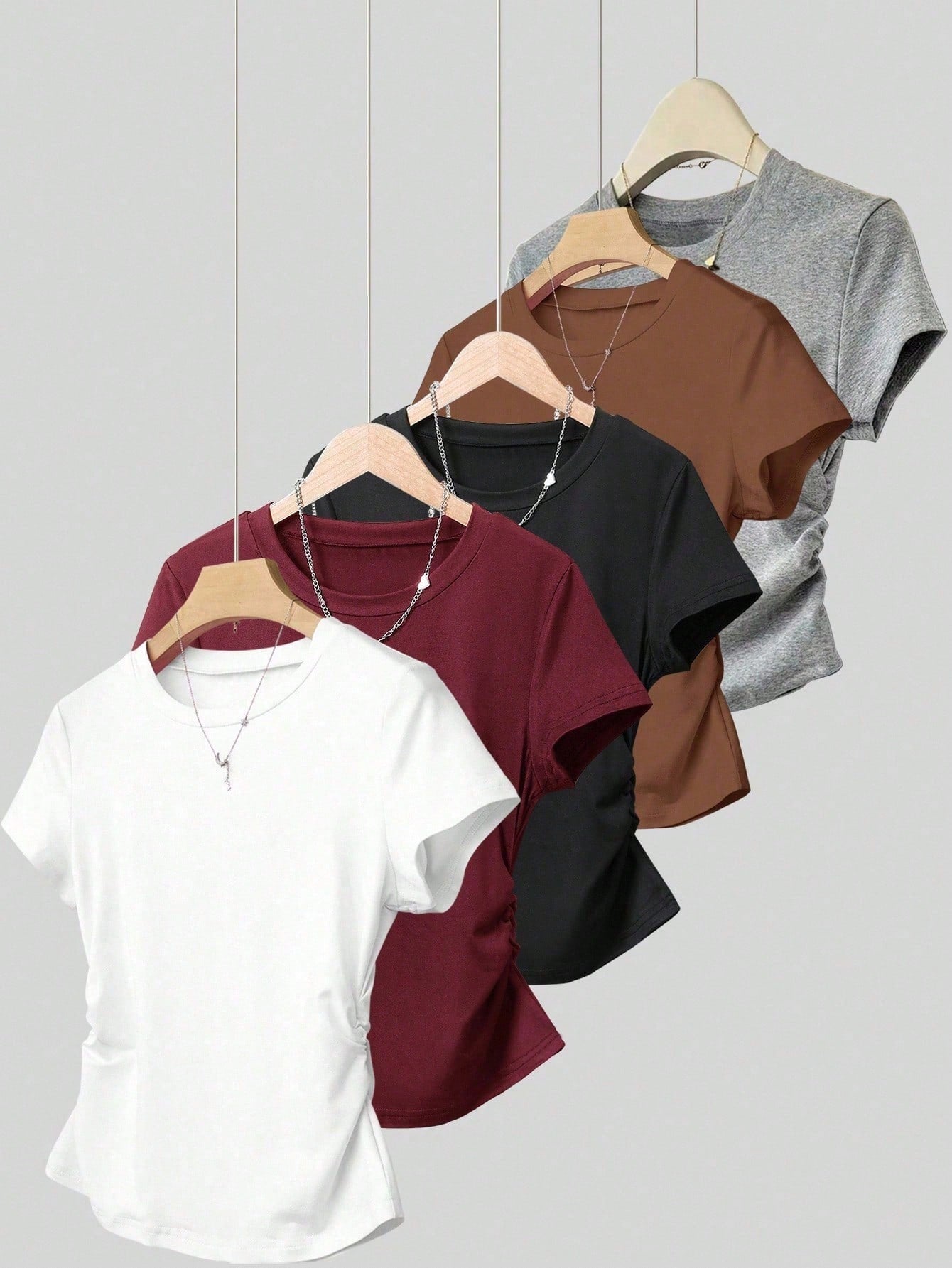 INAWLY 5pcs/Set Plus Size Women's Ruched Waist Short Sleeve T-Shirts, Design Summer Casual Everyday Black And White,White,Burgundy,Black,Coffee,Gray