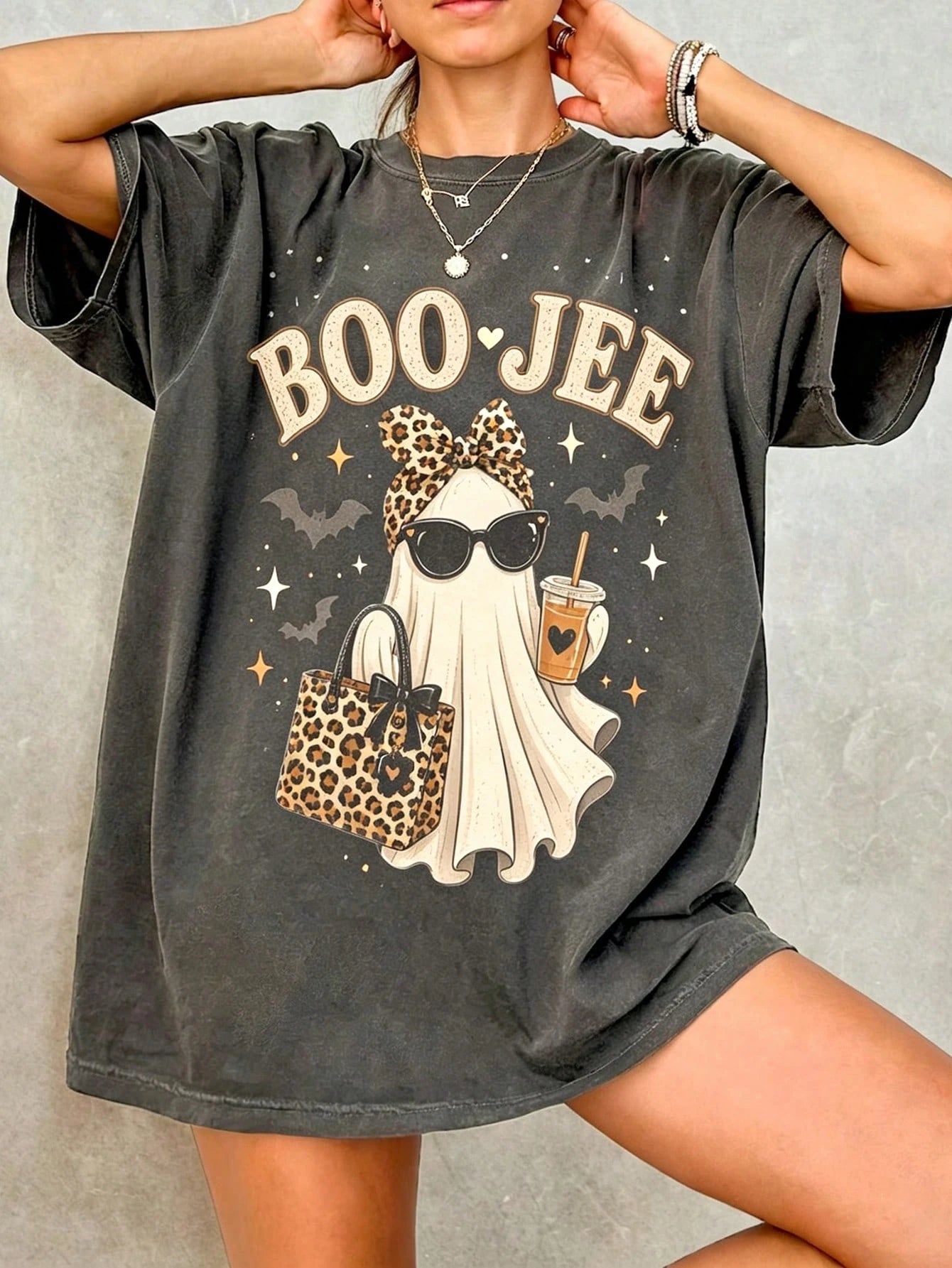 INAWLY Boo-Jee Ghost T-Shirt, Leopard Print Ghost T-Shirt, Ghost Coffee T-Shirt, Funny Autumn T-Shirt, Ghost T-Shirt, Girls Halloween Gift, Boojee Short Sleeve T-Shirt