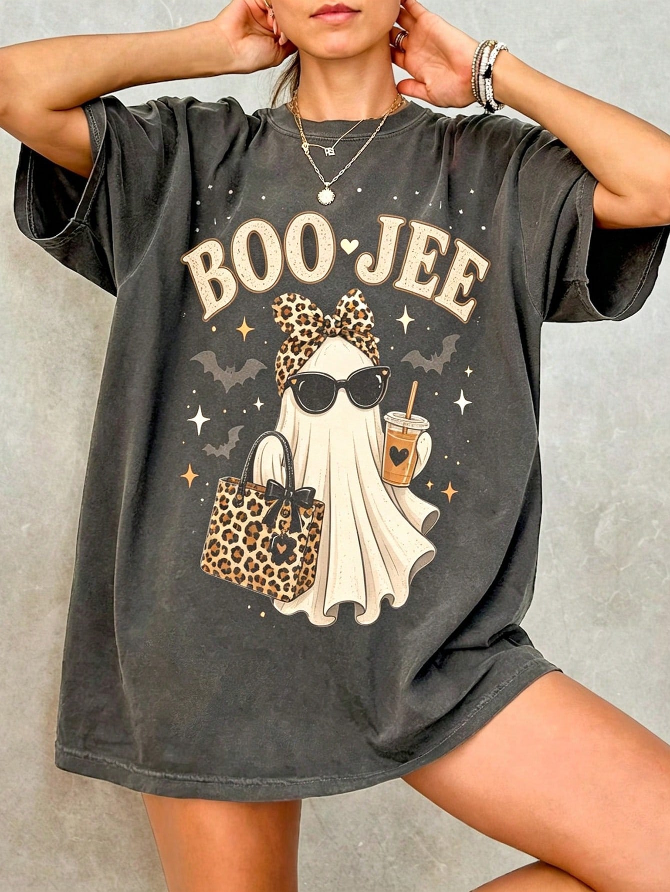INAWLY Boo-Jee Ghost T-Shirt, Leopard Print Ghost T-Shirt, Ghost Coffee T-Shirt, Funny Autumn T-Shirt, Ghost T-Shirt, Girls Halloween Gift, Boojee Short Sleeve T-Shirt