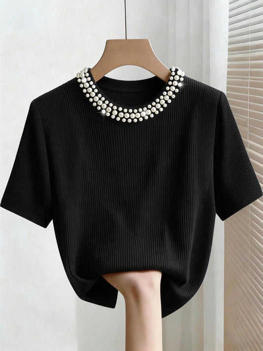 INAWLY Elegant Fitted Round Neck Beaded Ribbed Short Sleeve Plus Size T-Shirt For Women