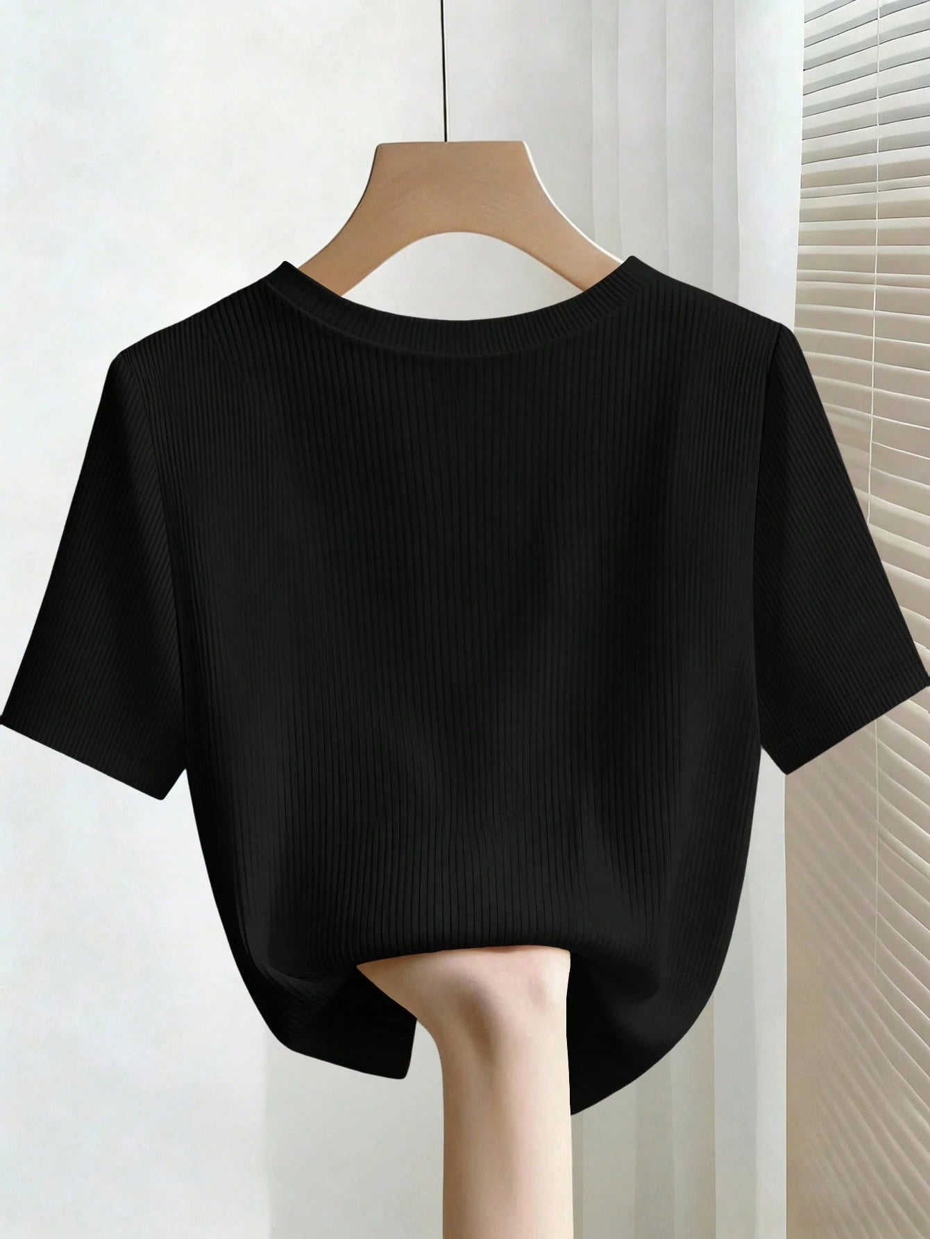 INAWLY Elegant Fitted Round Neck Beaded Ribbed Short Sleeve Plus Size T-Shirt For Women