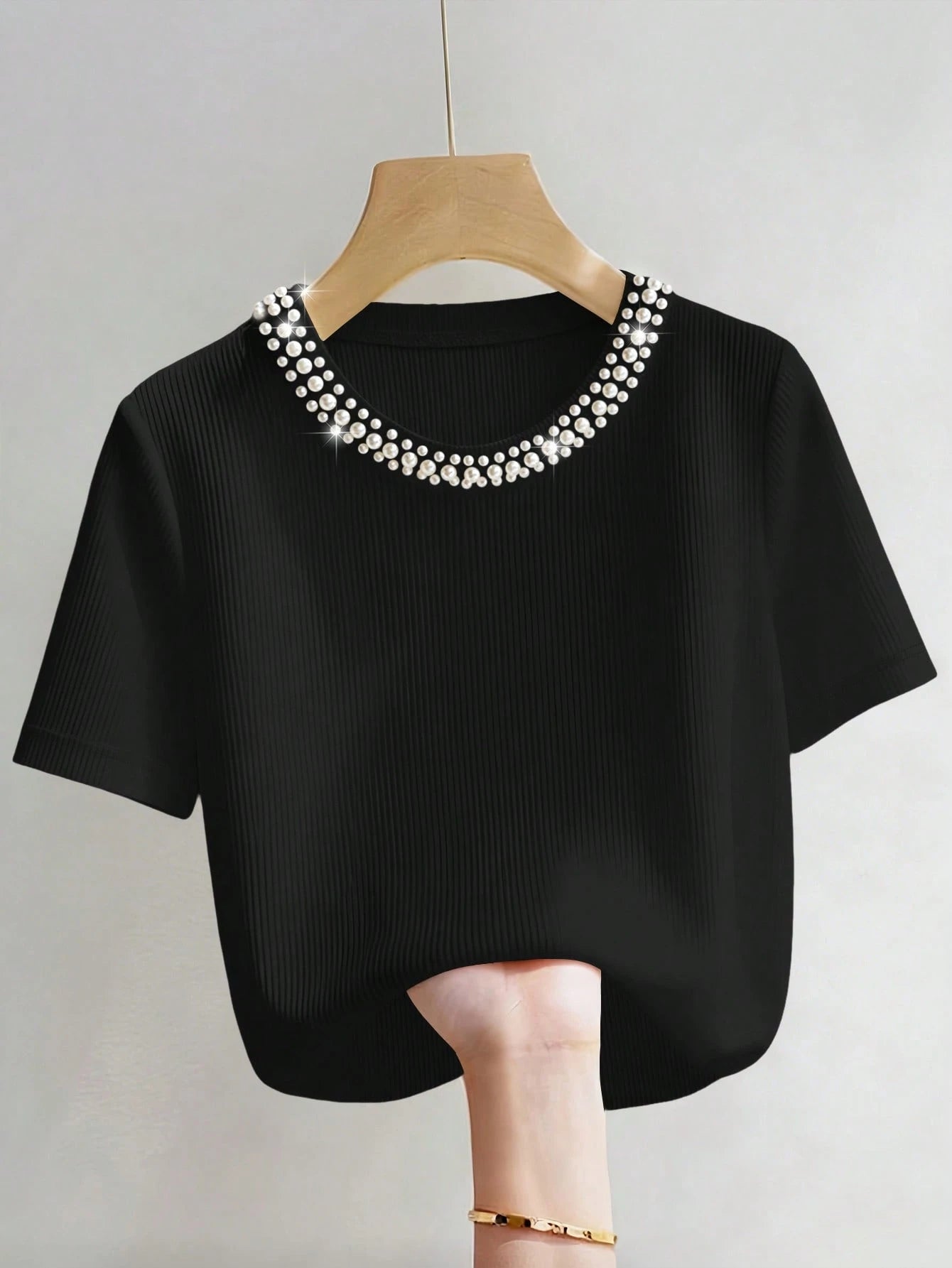 INAWLY Elegant Fitted Round Neck Beaded Ribbed Short Sleeve Plus Size T-Shirt For Women