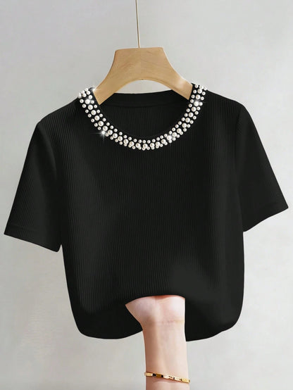 INAWLY Elegant Fitted Round Neck Beaded Ribbed Short Sleeve Plus Size T-Shirt For Women