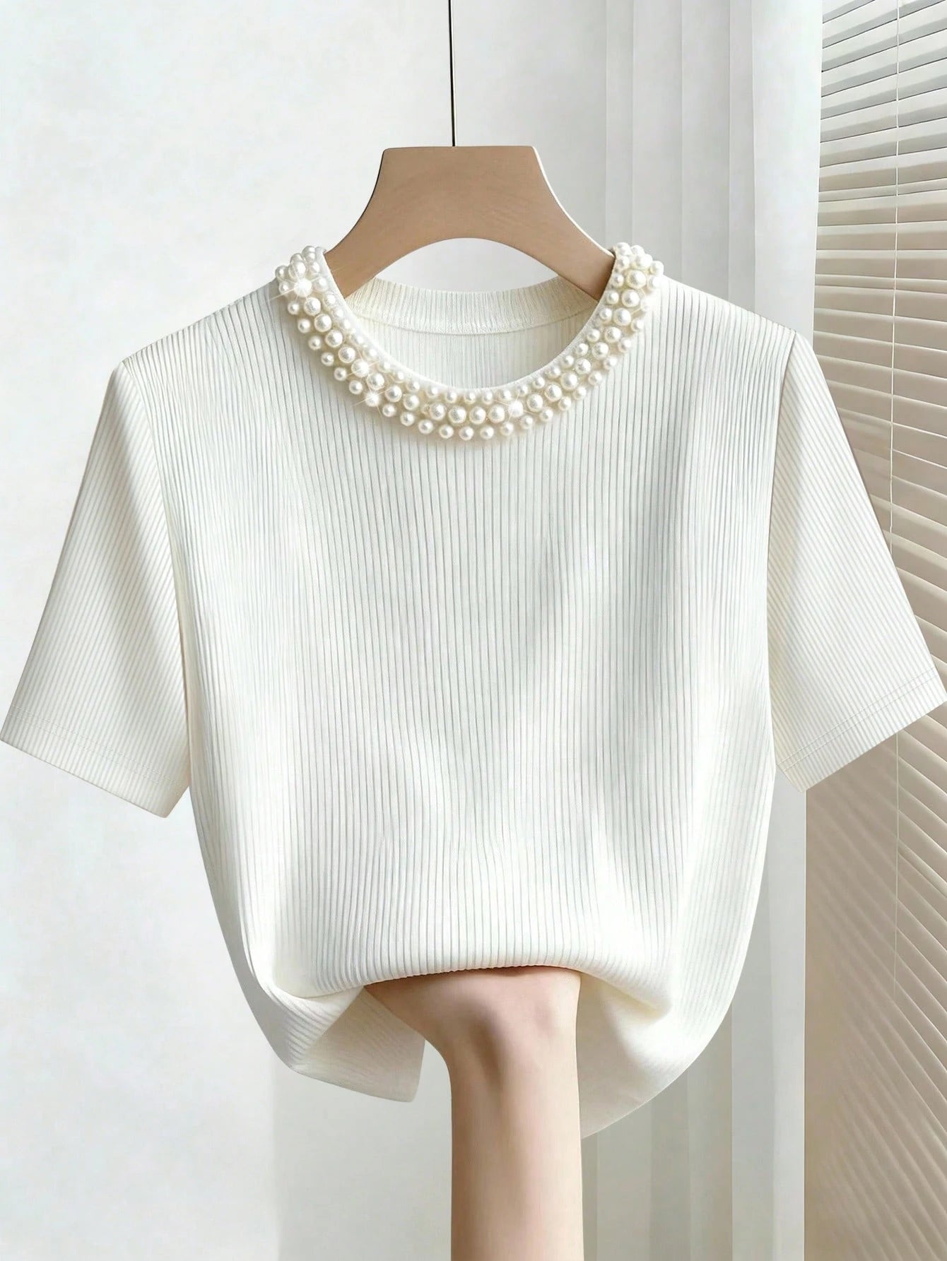 INAWLY Elegant Fitted Round Neck Beaded Ribbed Short Sleeve Plus Size T-Shirt For Women